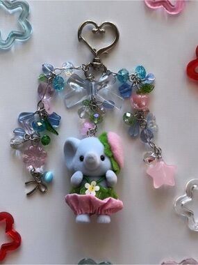 Pastel Blue Elephant Charm Keychain with Pink & Green Accents
